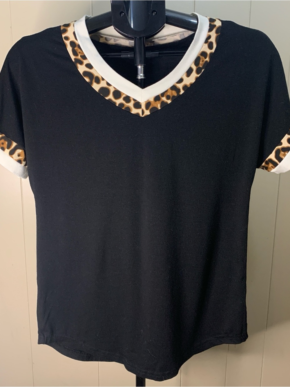 Black Short-Sleeve V-Neck Top with Leopard Trim